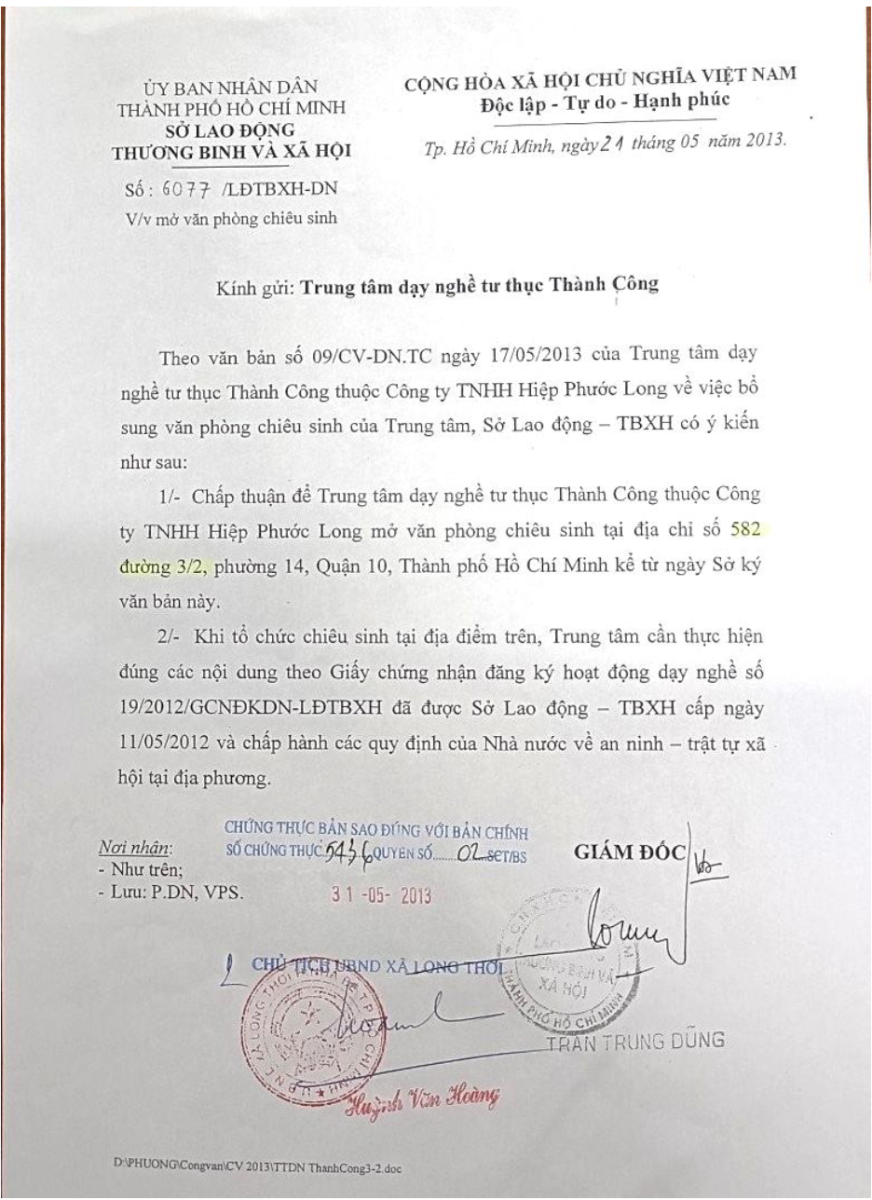 Giấy phép hoạt động đào tạo lái xe của Trung tâm Thành Công